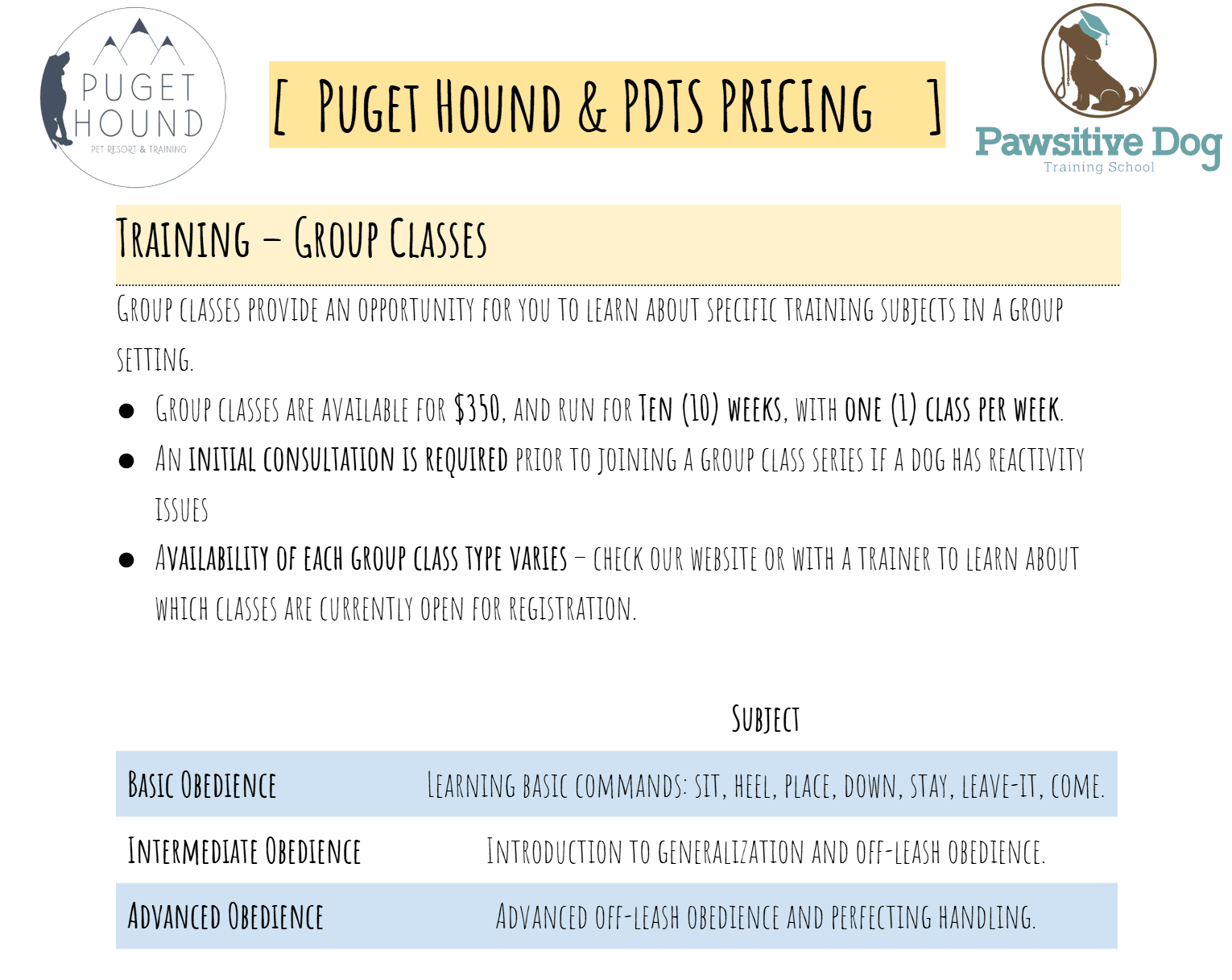 Puget Hound and Pawsitive Dog training pricing